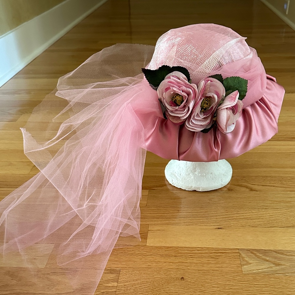 Pink Floral Satin Veiled Women's Hat